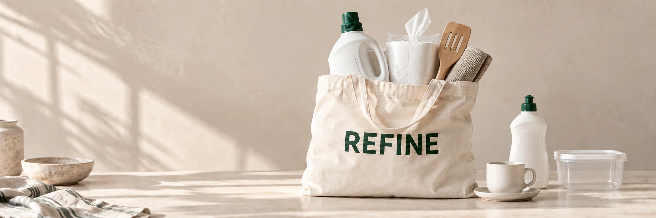 Saco de compras REFINE com produtos de limpeza, papel e utensílios domésticos
